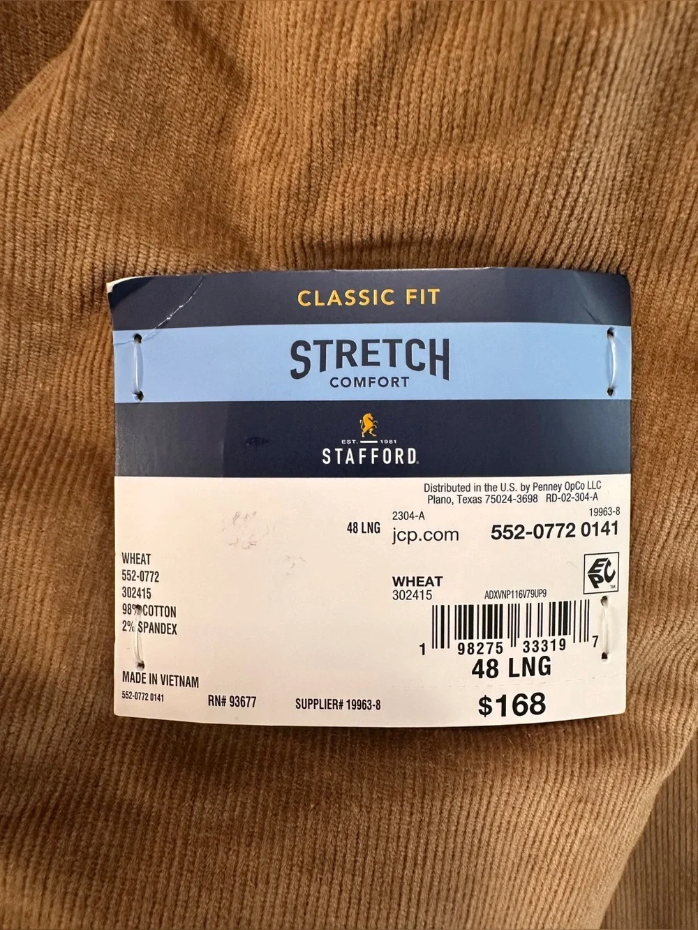 Stafford Brown Corduroy Jacket Elbow Patches Sports Coat Stretch Men’s 48L $168